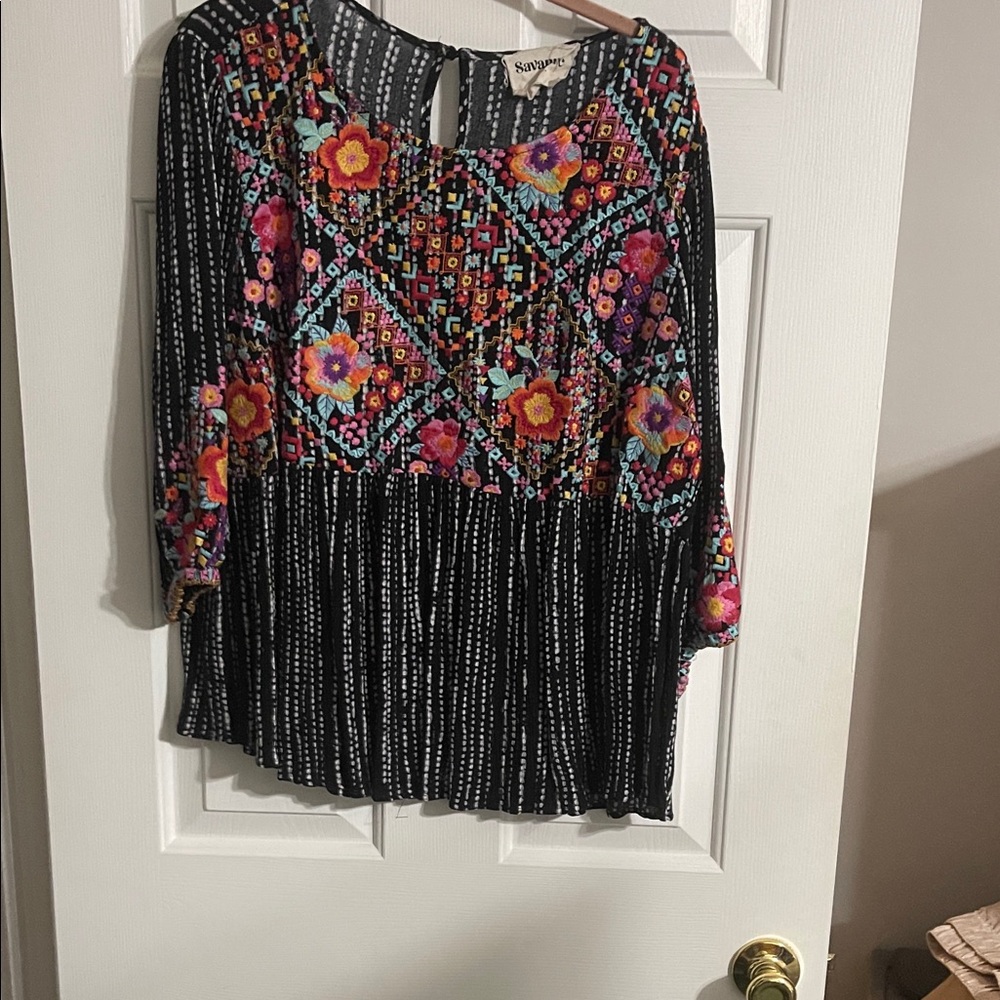 Savanna Jane Black Tunic with Multicolor Floral Embroidery